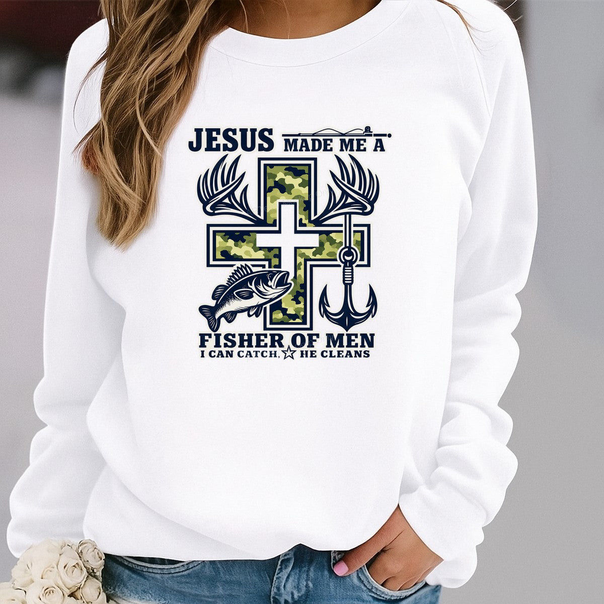 Christian Heat Transfer Jesus Made Me a Fisher of Men Camo Cross Anchor Graphic for T Shirts Hoodies and Gifts - 2