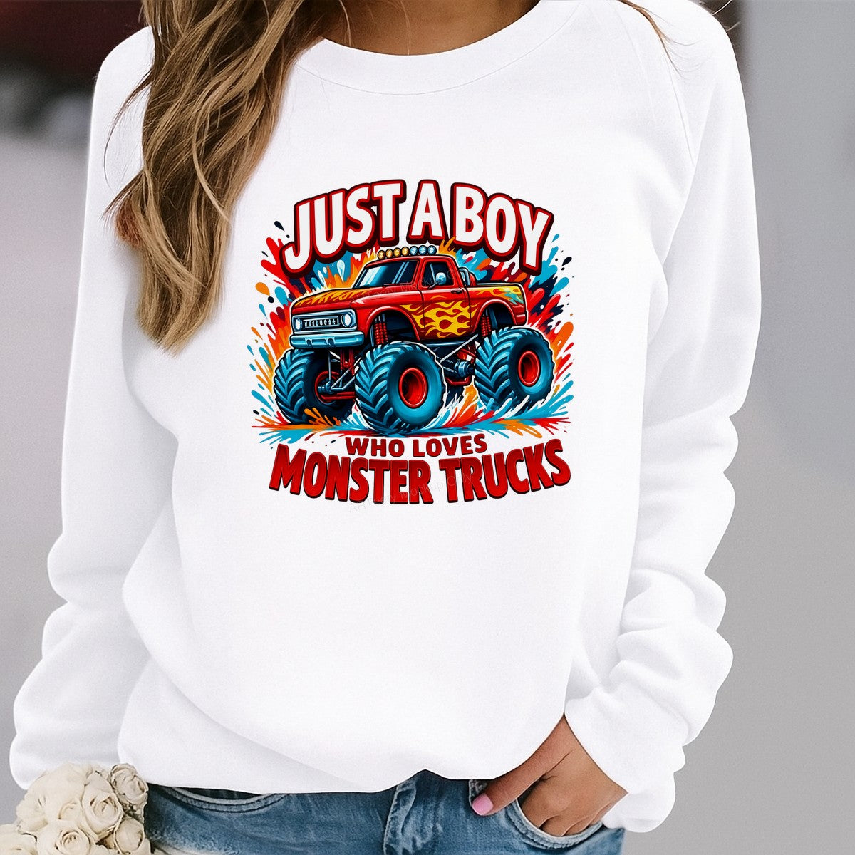DTF Transfer Just a Boy Who Loves Monster Trucks Flame Red Truck Graphic for T Shirts Hoodies and Gifts - 2