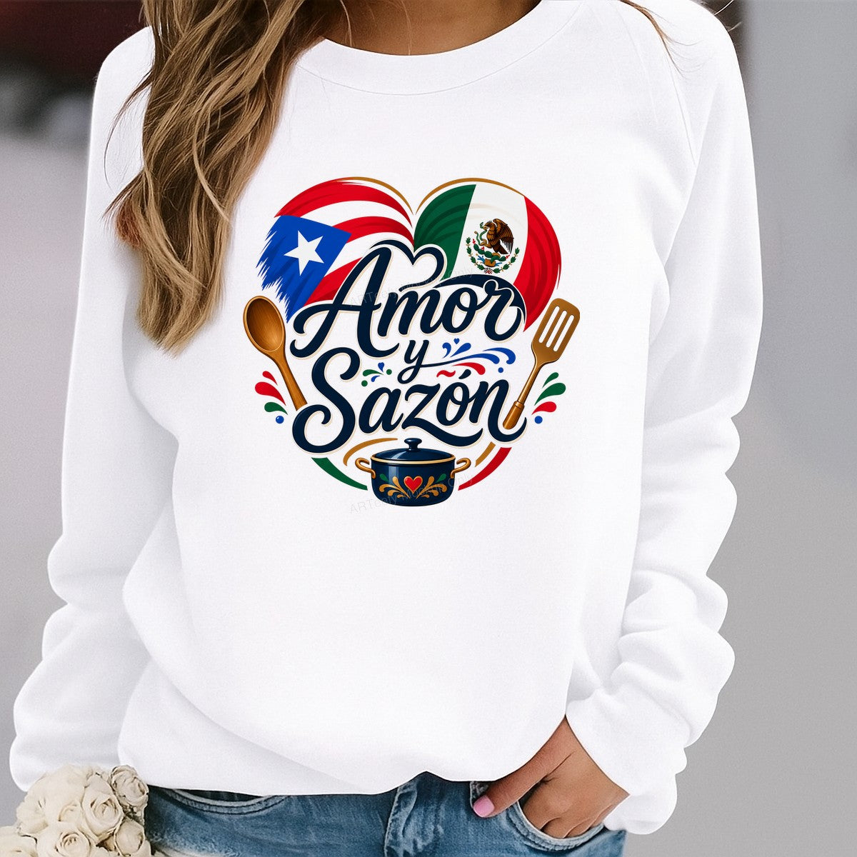 DTF Transfer Amor y Sazón Puerto Rican Mexican Flag Heart Cooking Graphic for T Shirts Aprons and Gifts - 2