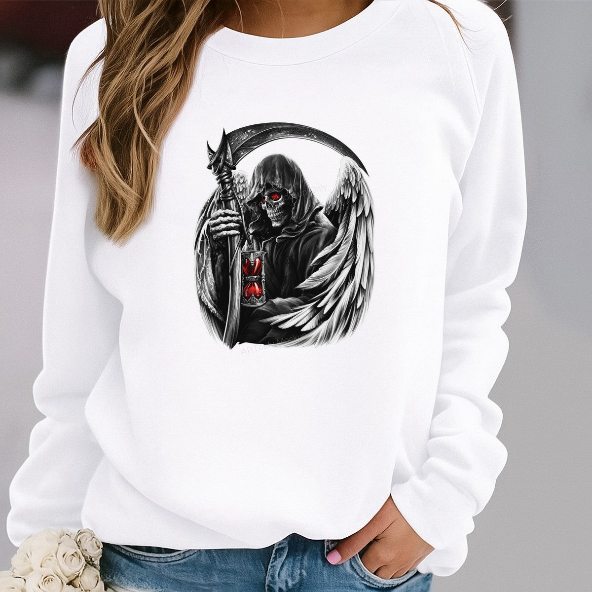 DTF Heat Transfer Grim Reaper Angel with Scythe and Red Hourglass Gothic Art for T Shirts Hoodies and Streetwear - 2