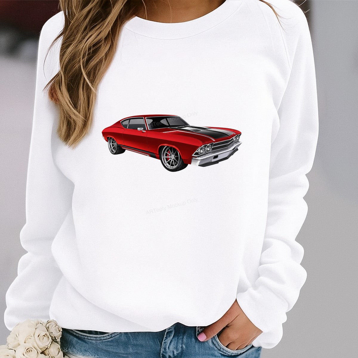 DTF Transfer Red Classic Muscle Car with Racing Stripes Graphic for T Shirts Hoodies and Car Enthusiast Gifts - 2