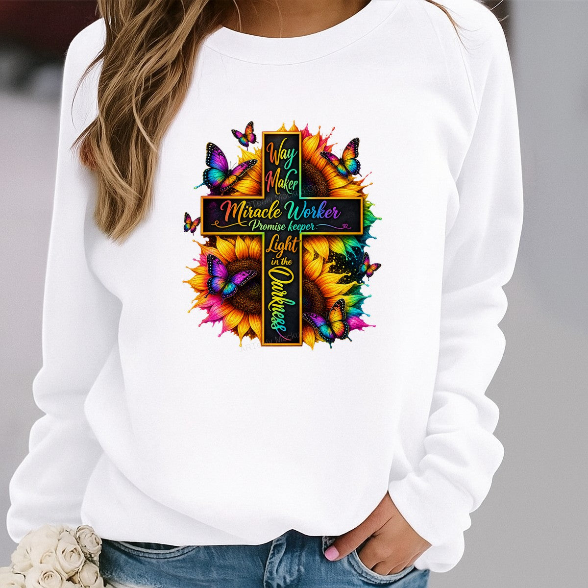 Christian Heat Transfer Way Maker Miracle Worker Quote Cross with Sunflowers and Butterflies for Christian Apparel and Gifts - 2
