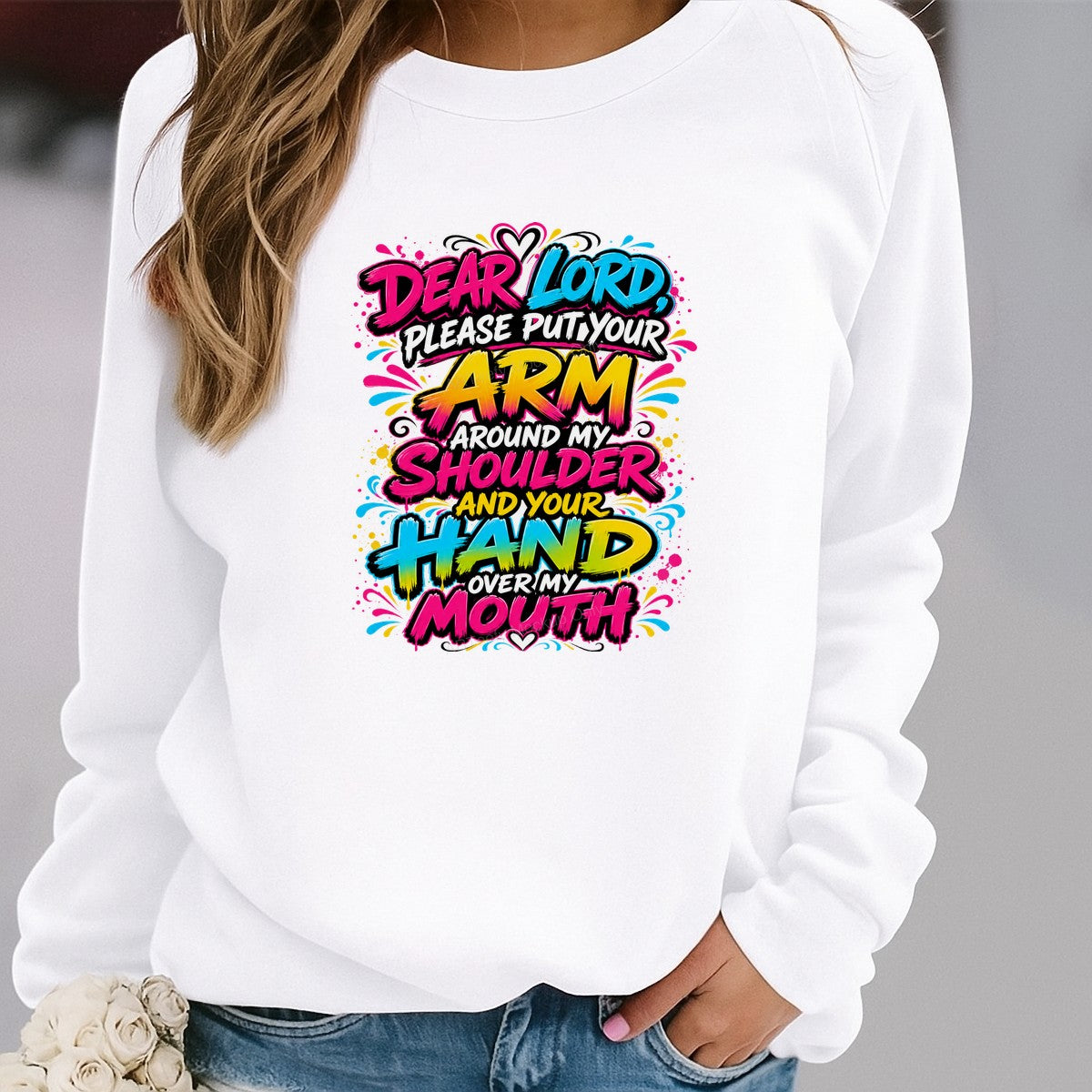 Christian Heat Transfer Dear Lord Put Your Arm Around My Shoulder Quote Colorful Graffiti Style for T Shirts Hoodies and Gifts - 2