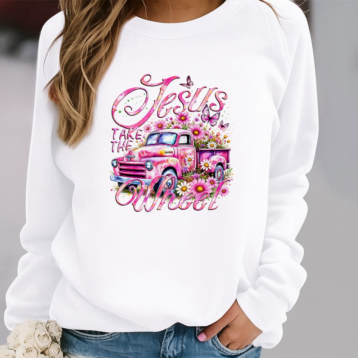 Christian Heat Transfer Jesus Take The Wheel Pink Vintage Truck with Flowers Graphic for T Shirts Hoodies and Tote Bags - 2
