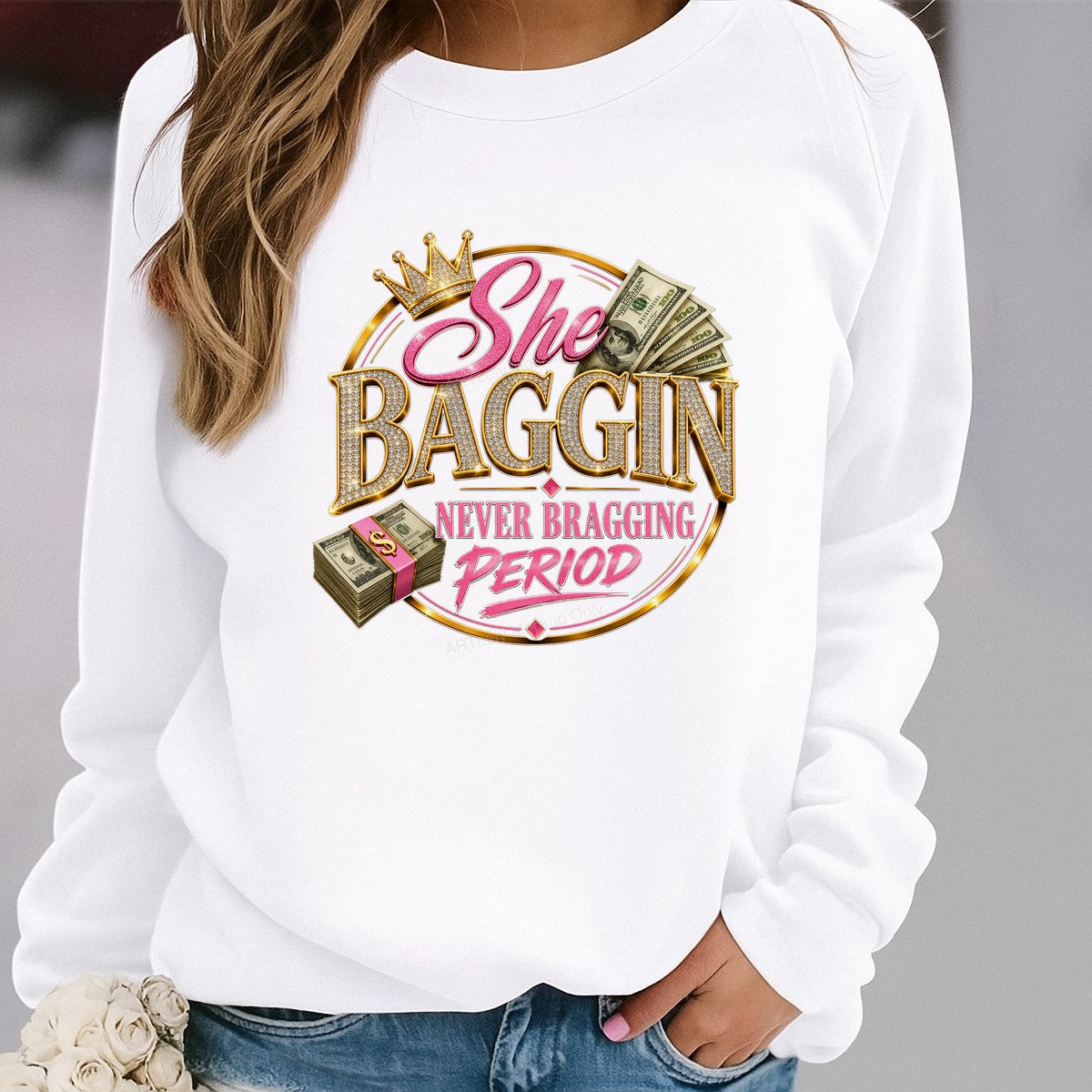 DTF Transfer She Baggin Never Bragging Period Money Crown Glitter Graphic for T Shirts Hoodies and Casual Wear - 2