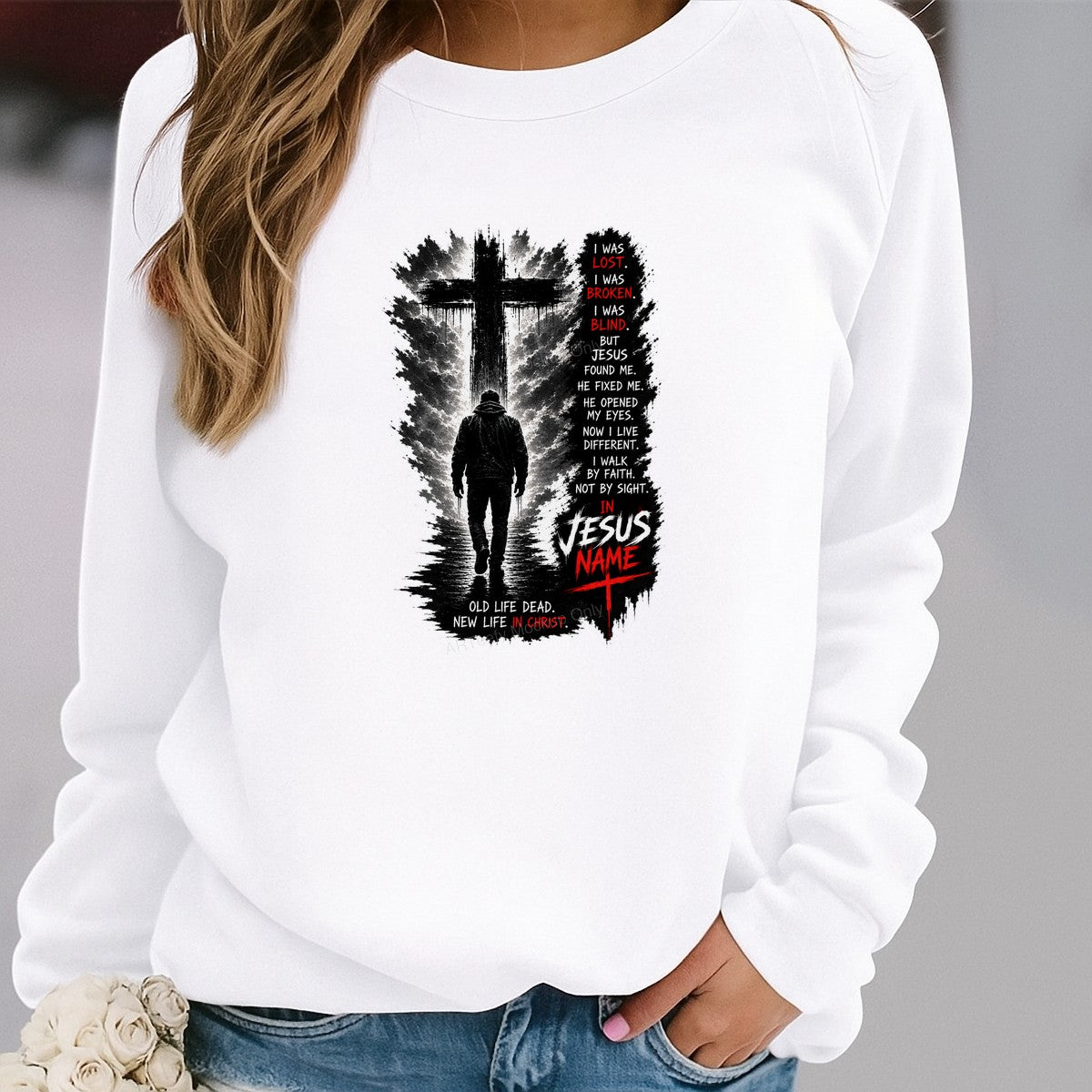 Christian Heat Transfer In Jesus Name Cross and Man Walking Graphic for T Shirts Hoodies and Christian Apparel - 2
