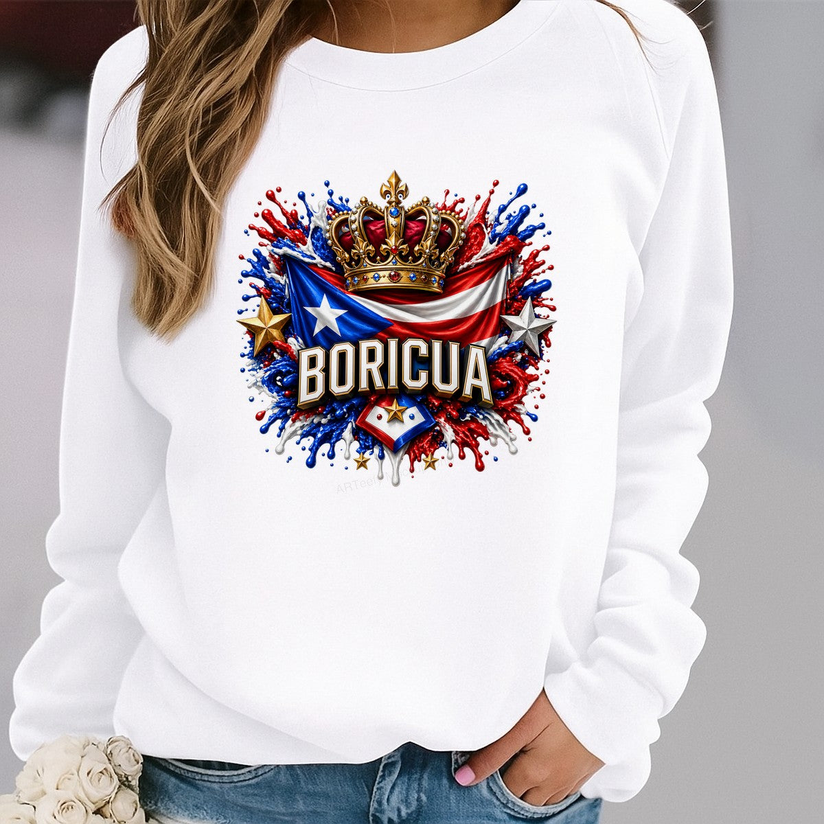 DTF Heat Transfer Boricua Puerto Rican Flag with Crown Splash Art Graphic for T Shirts Hoodies and Tote Bags - 2