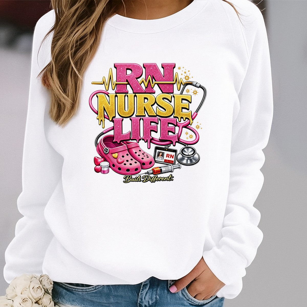 DTF Transfer RN Nurse Life Built Different Glitter Clogs and Stethoscope Graphic for T Shirts Hoodies and Gifts - 2