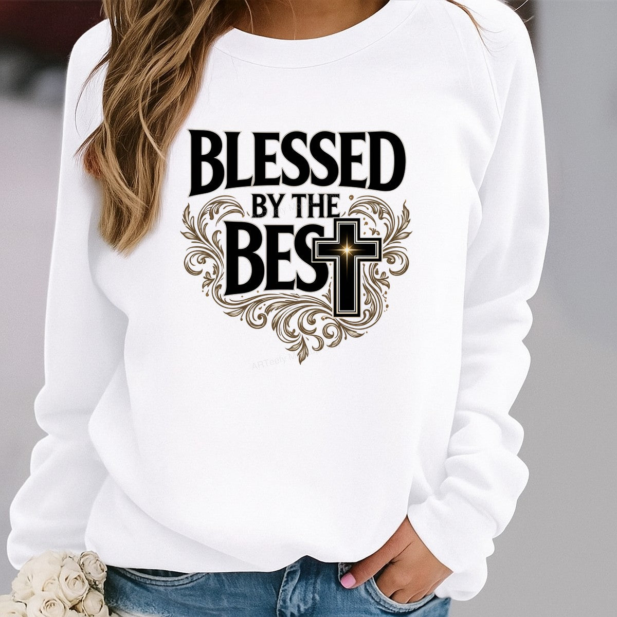 Christian Heat Transfer Blessed By The Best Cross with Gold Flourish Graphic for T Shirts Hoodies and Tote Bags - 2