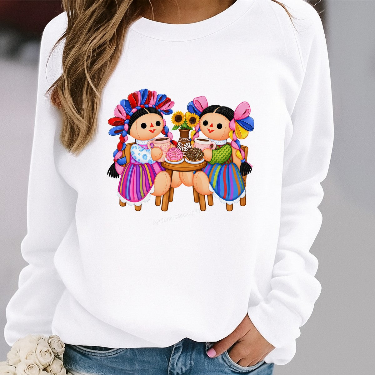 DTF Transfer Mexican Rag Dolls Drinking Coffee Colorful Folk Art Graphic for T Shirts Hoodies and Tote Bags - 2