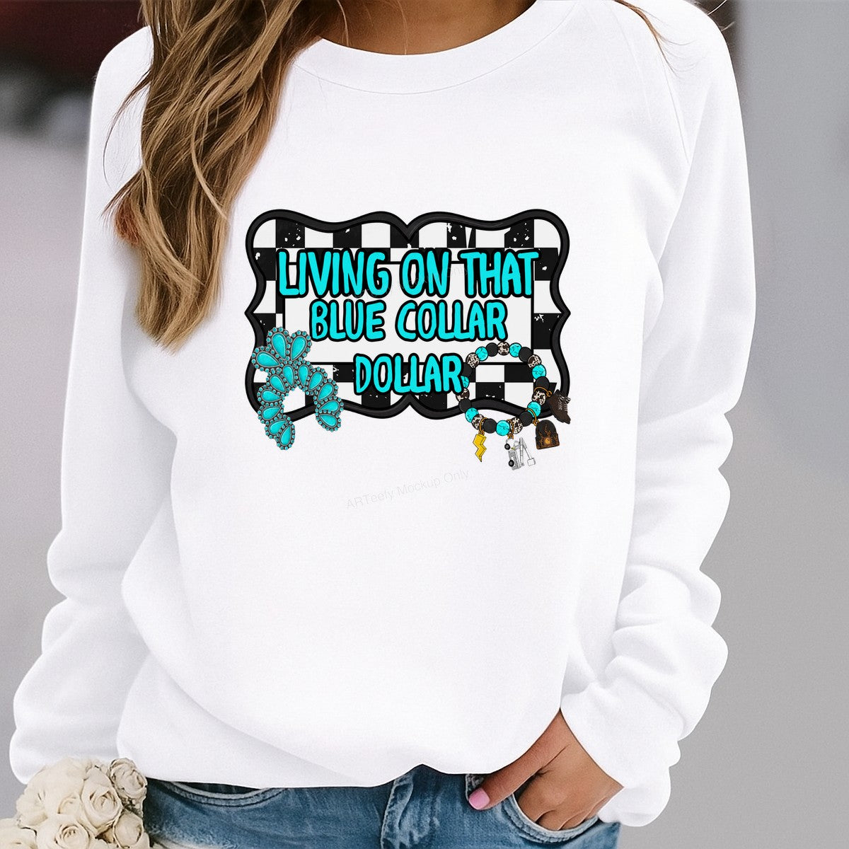 Western Heat Transfer Living On That Blue Collar Dollar Turquoise Jewelry Checkered Graphic for T Shirts Hoodies and Workwear Apparel - 2