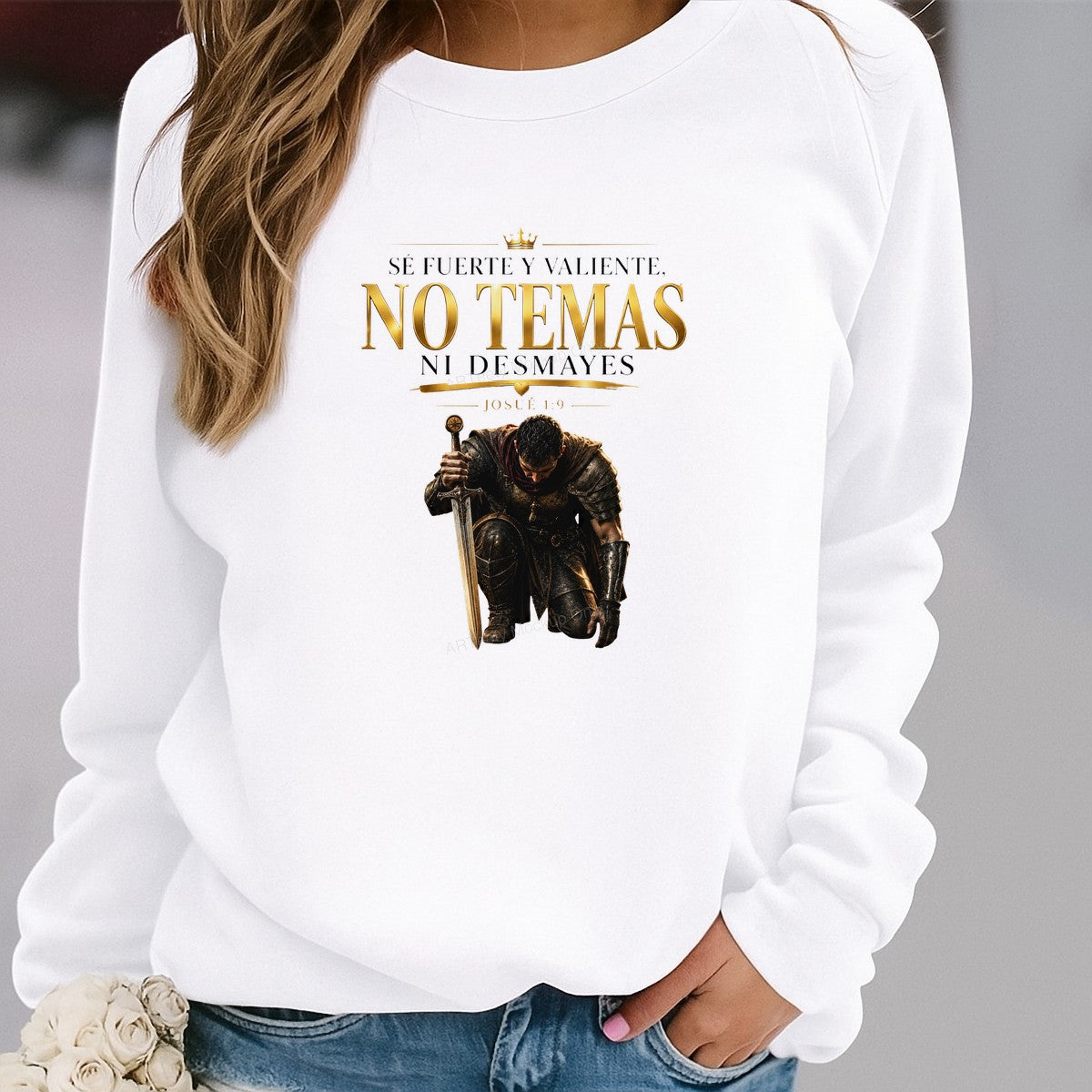 Christian Heat Transfer No Temas Josue 1:9 Warrior With Sword Gold Lettering Graphic for T Shirts Hoodies and Christian Apparel - 2