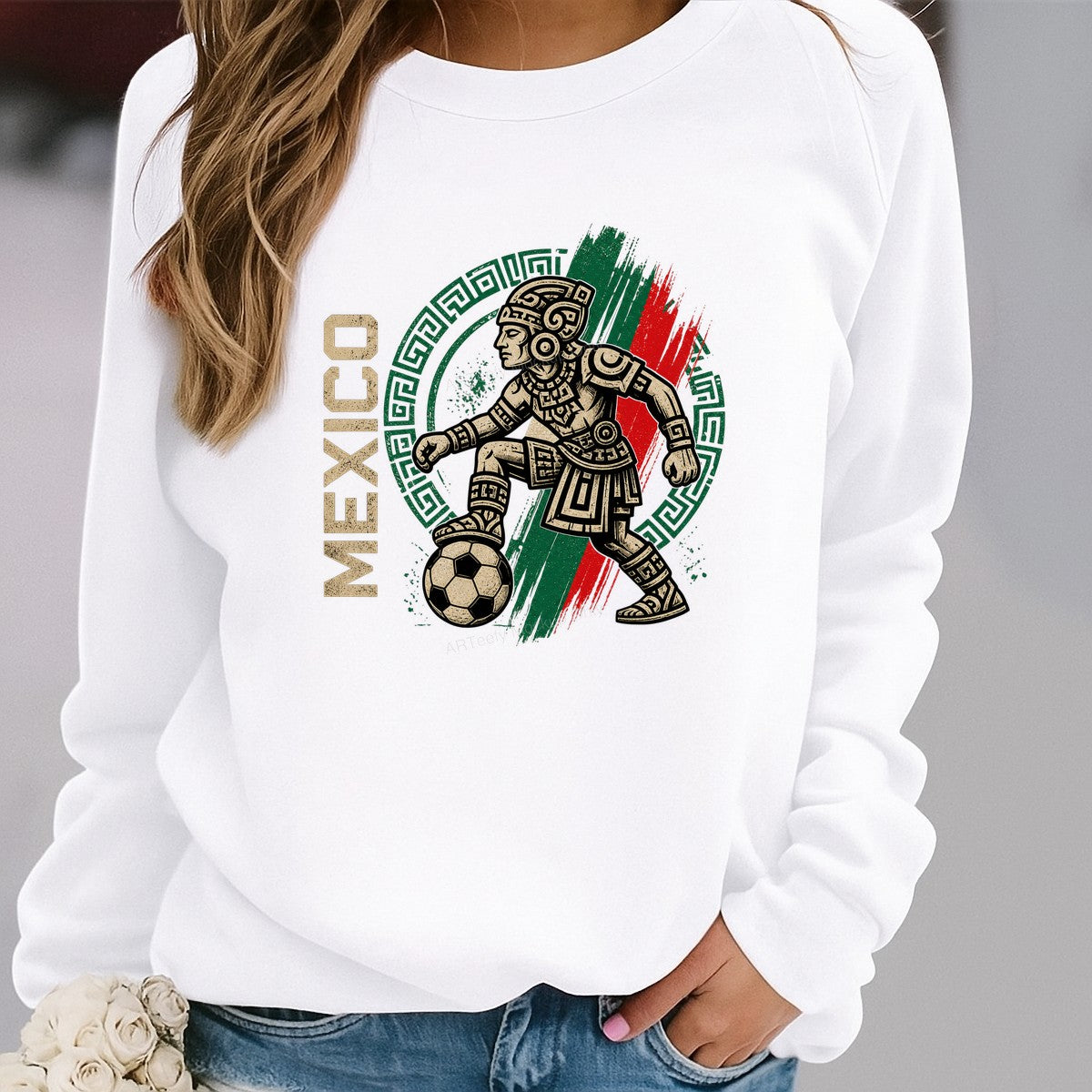 DTF Transfer Mexico Aztec Soccer Warrior Graphic with Green Red Brush Flag for T Shirts Hoodies and Game Day Apparel - 2