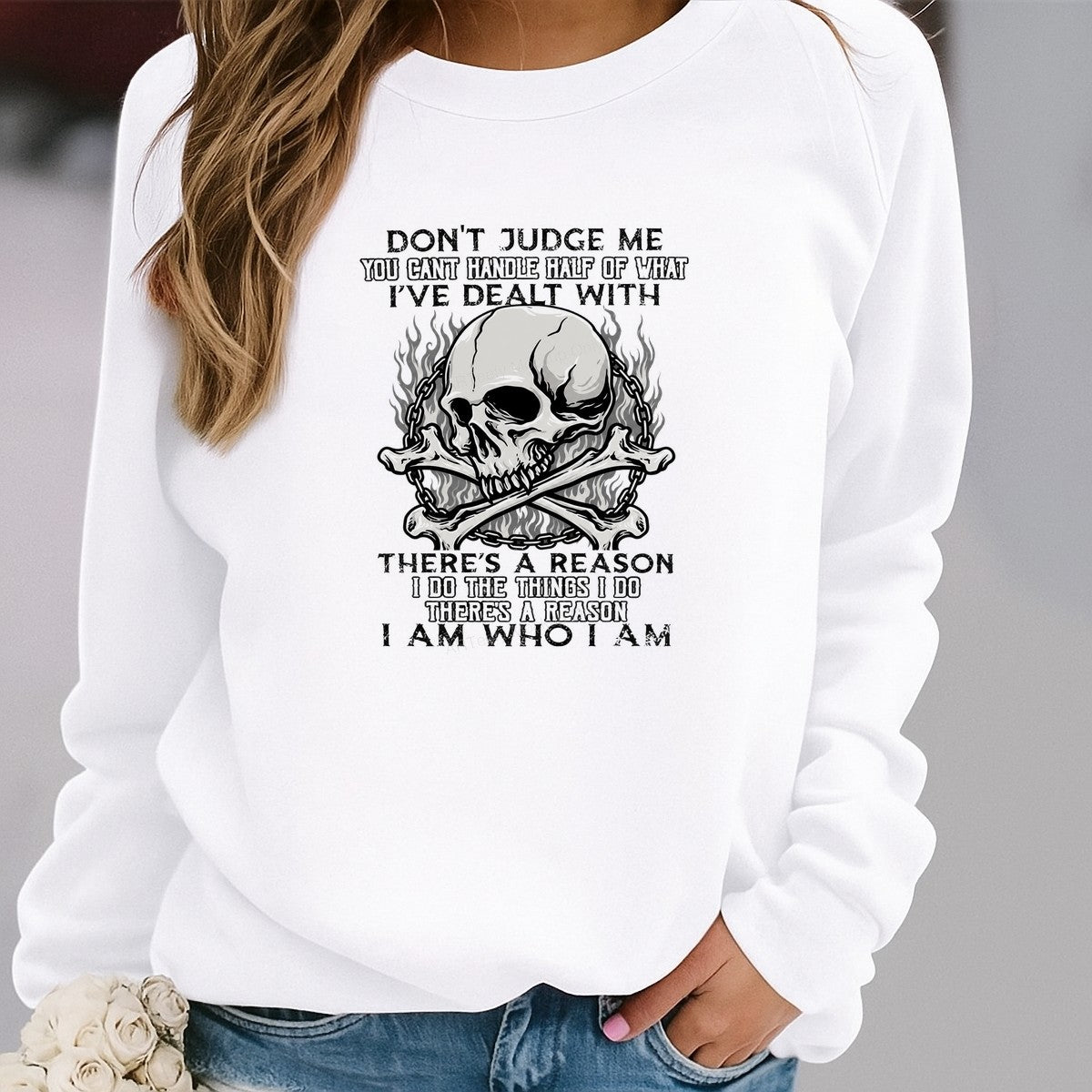 DTF Transfer Don’t Judge Me Quote Flaming Skull and Crossbones Graphic for T Shirts Hoodies and Biker Apparel - 2