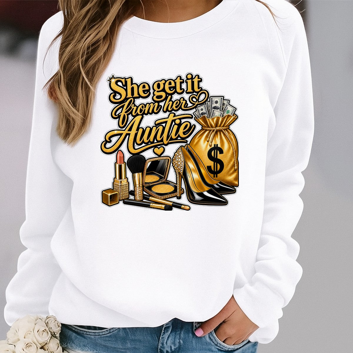 DTF Transfer She Get It From Her Auntie Gold Glam Money Bag and High Heels Graphic for T Shirts Hoodies and Gifts - 2