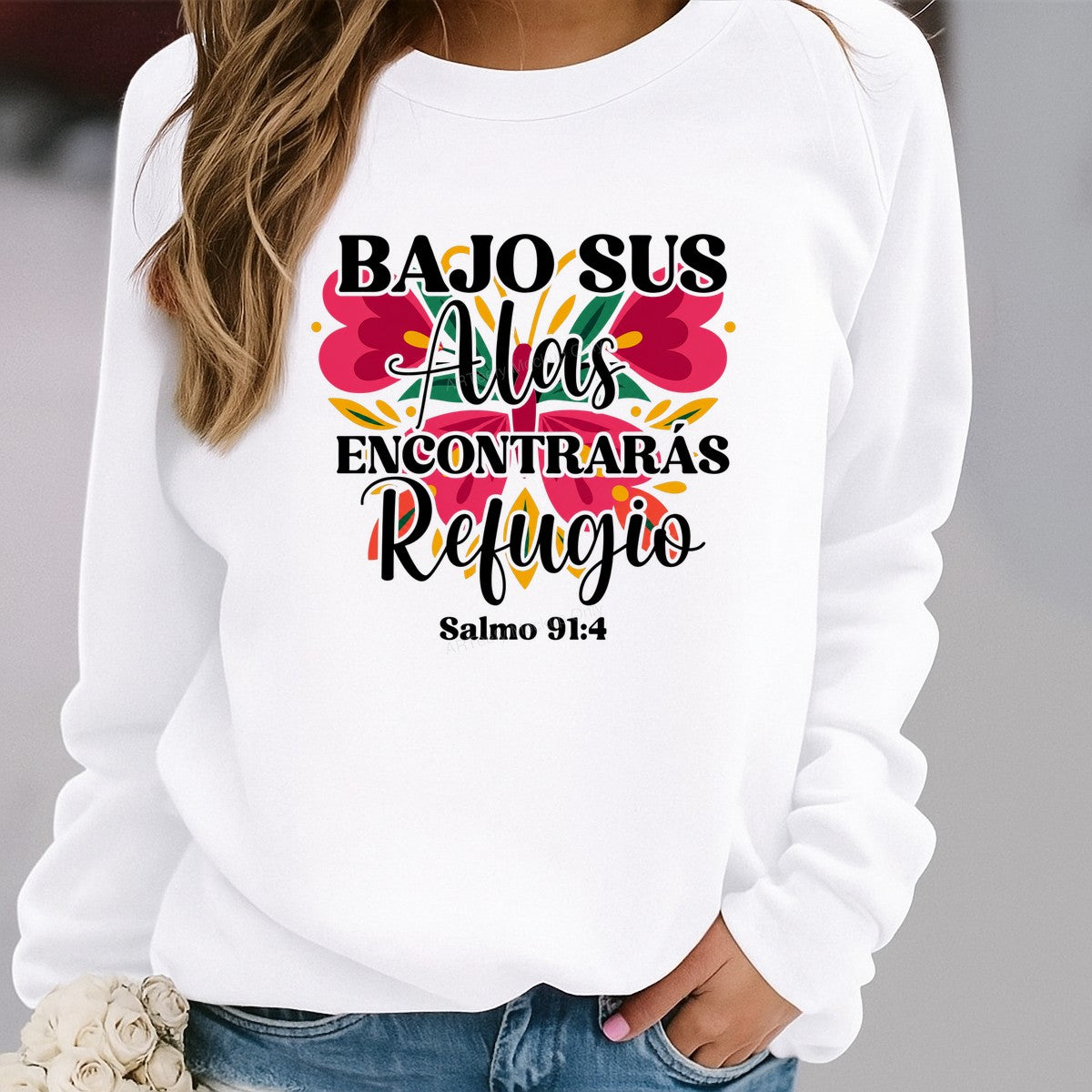 Christian Heat Transfer Bajo Sus Alas Encontrarás Refugio Salmo 91:4 Floral Spanish Scripture Design for Christian Apparel and Gifts - 2
