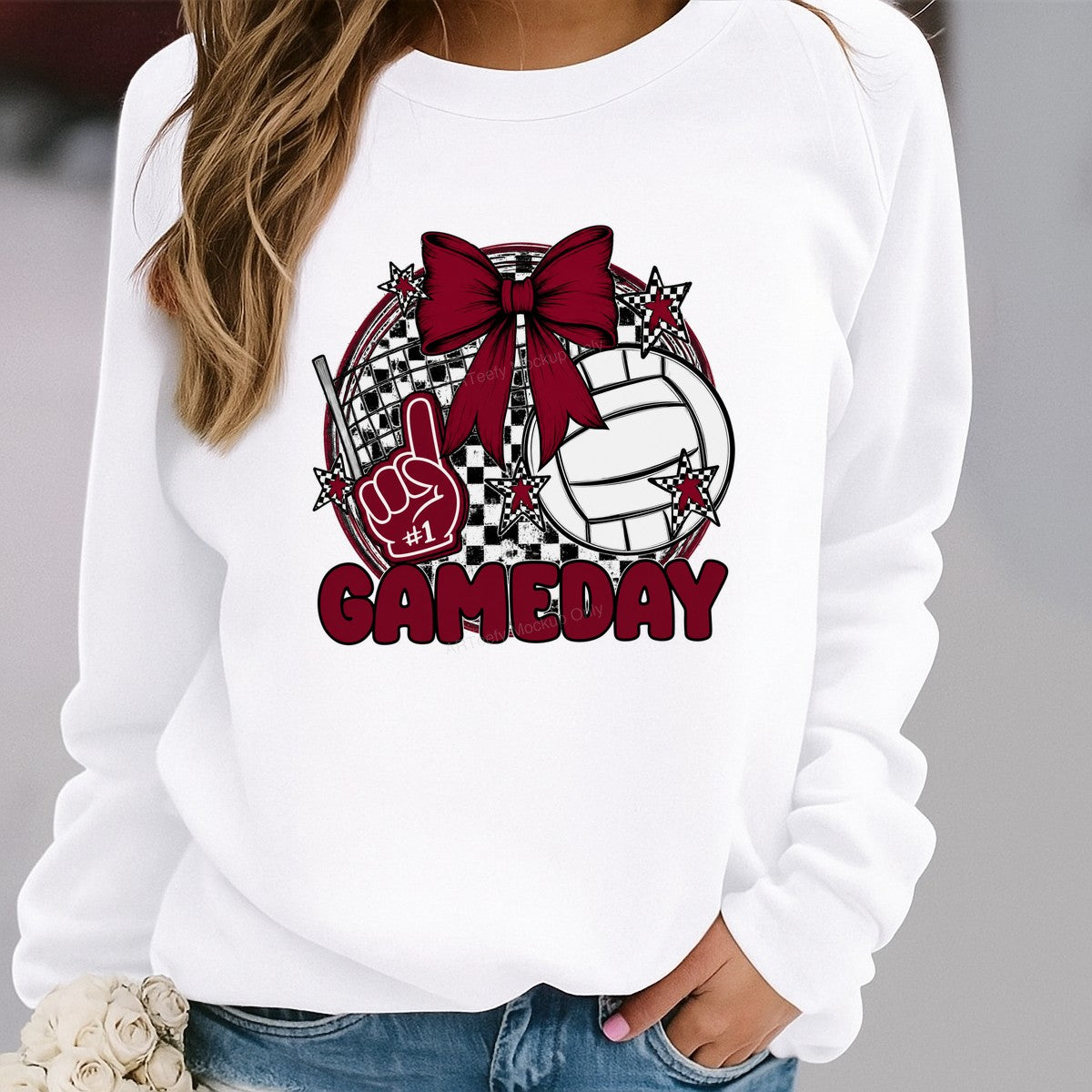 DTF Transfer Volleyball Gameday #1 Foam Finger and Bow Checkered Graphic for T Shirts Hoodies and Tote Bags - 2