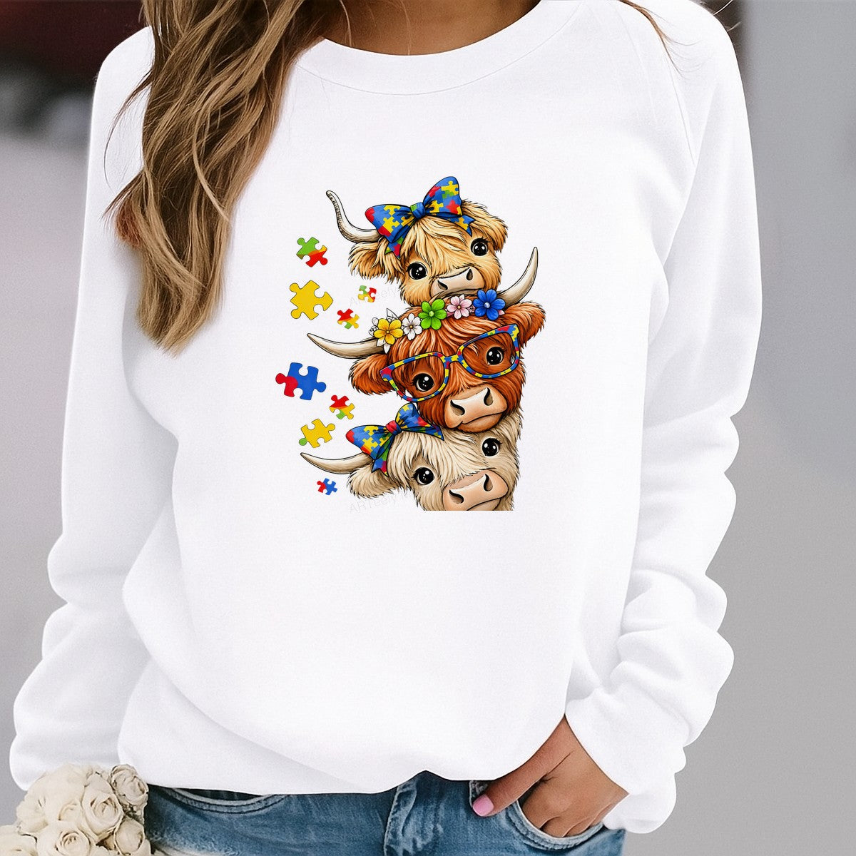 DTF Transfer Cute Highland Cows with Puzzle Piece Bows and Glasses Graphic for T Shirts Hoodies and Tote Bags - 2
