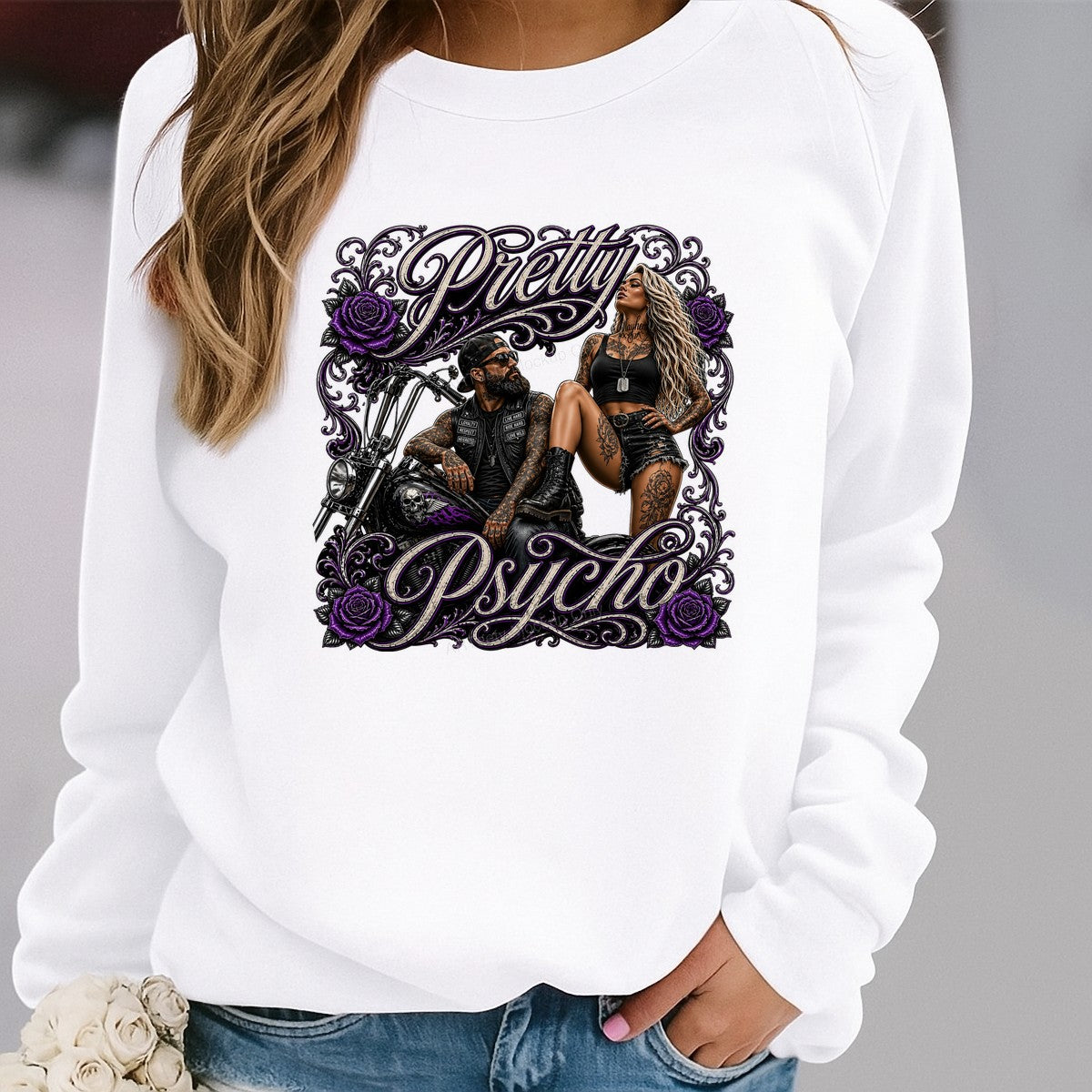 DTF Transfer Pretty Psycho Biker Couple with Purple Rose Tattoo Art for T Shirts Hoodies and Biker Apparel - 2