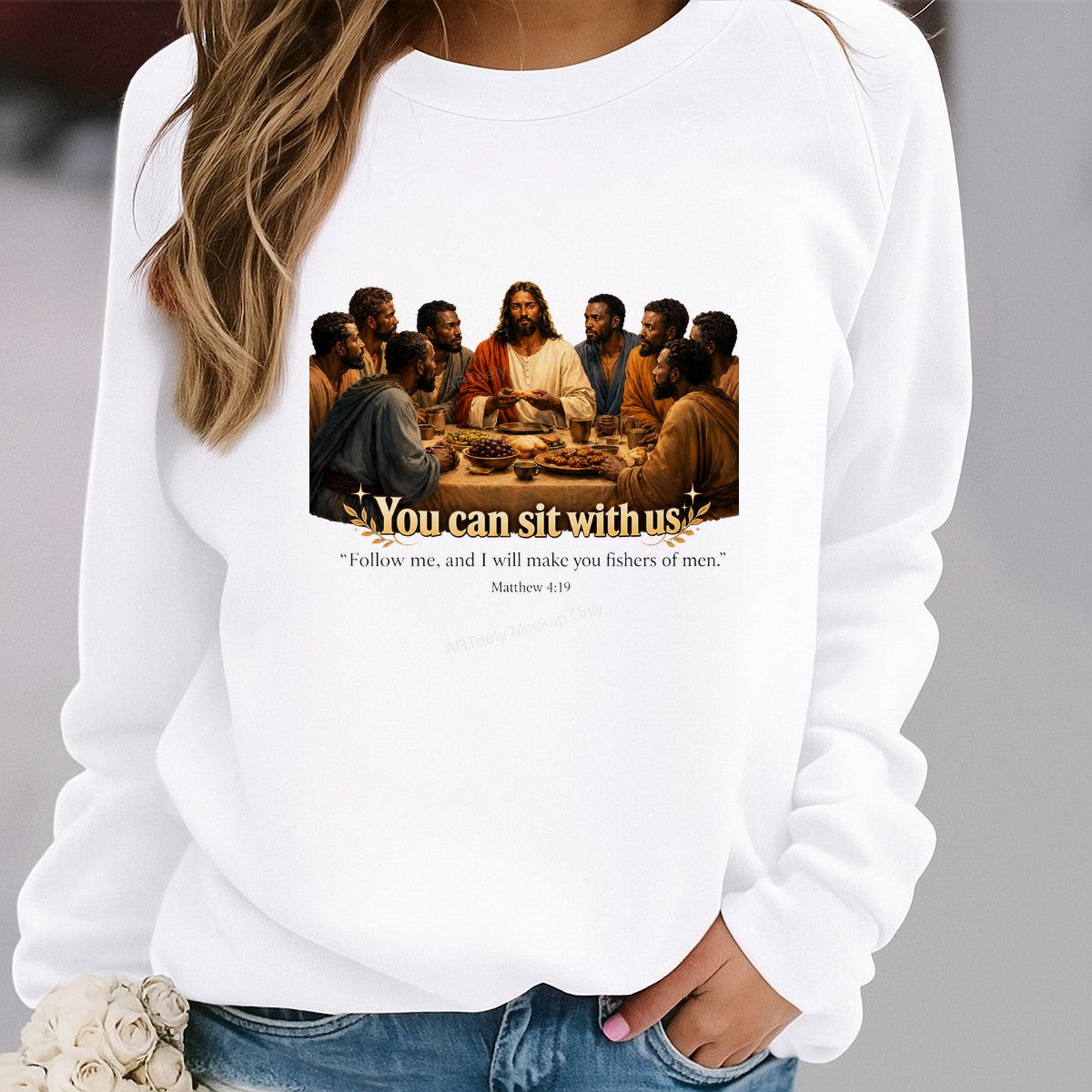 Christian Heat Transfer You Can Sit With Us Last Supper Bible Verse Graphic for T Shirts Hoodies and Christian Apparel - 2