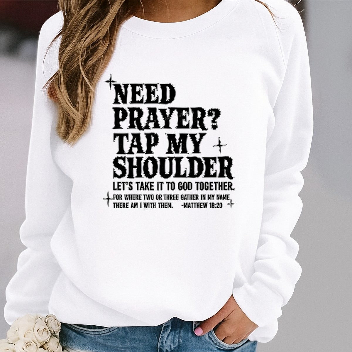 Christian Heat Transfer Need Prayer Tap My Shoulder Bible Verse Retro Outline Text Graphic for T Shirts Hoodies and Christian Apparel - 2