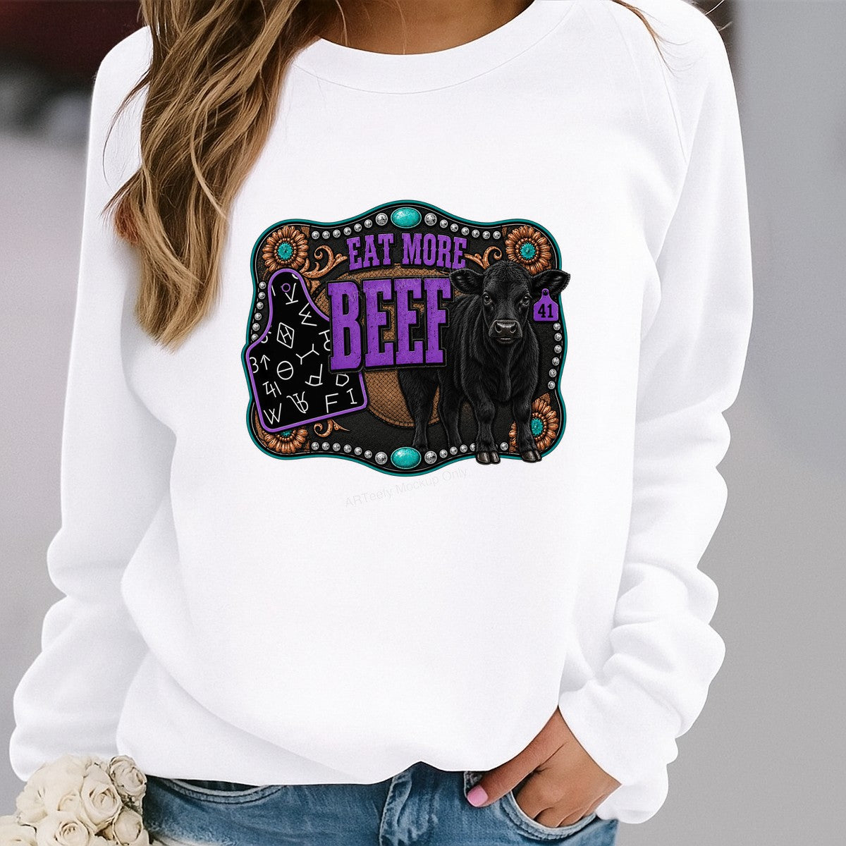 Western Heat Transfer Eat More Beef Cow Graphic with Turquoise Concho Detail for T Shirts Hoodies and Farm Ranch Apparel - 2