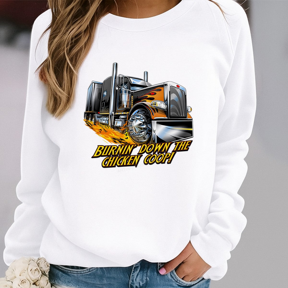 DTF Transfer Burnin Down The Chicken Coop Semi Truck Flame Graphic for T Shirts Hoodies and Truck Driver Gifts - 2