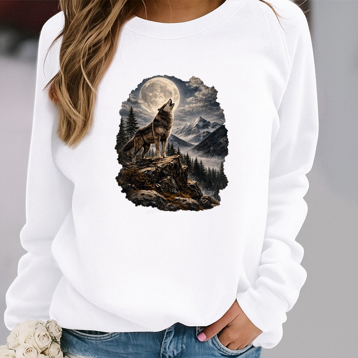 DTF Heat Transfer Howling Wolf Under Full Moon Mountain Landscape Graphic for T Shirts Hoodies and Tote Bags - 2