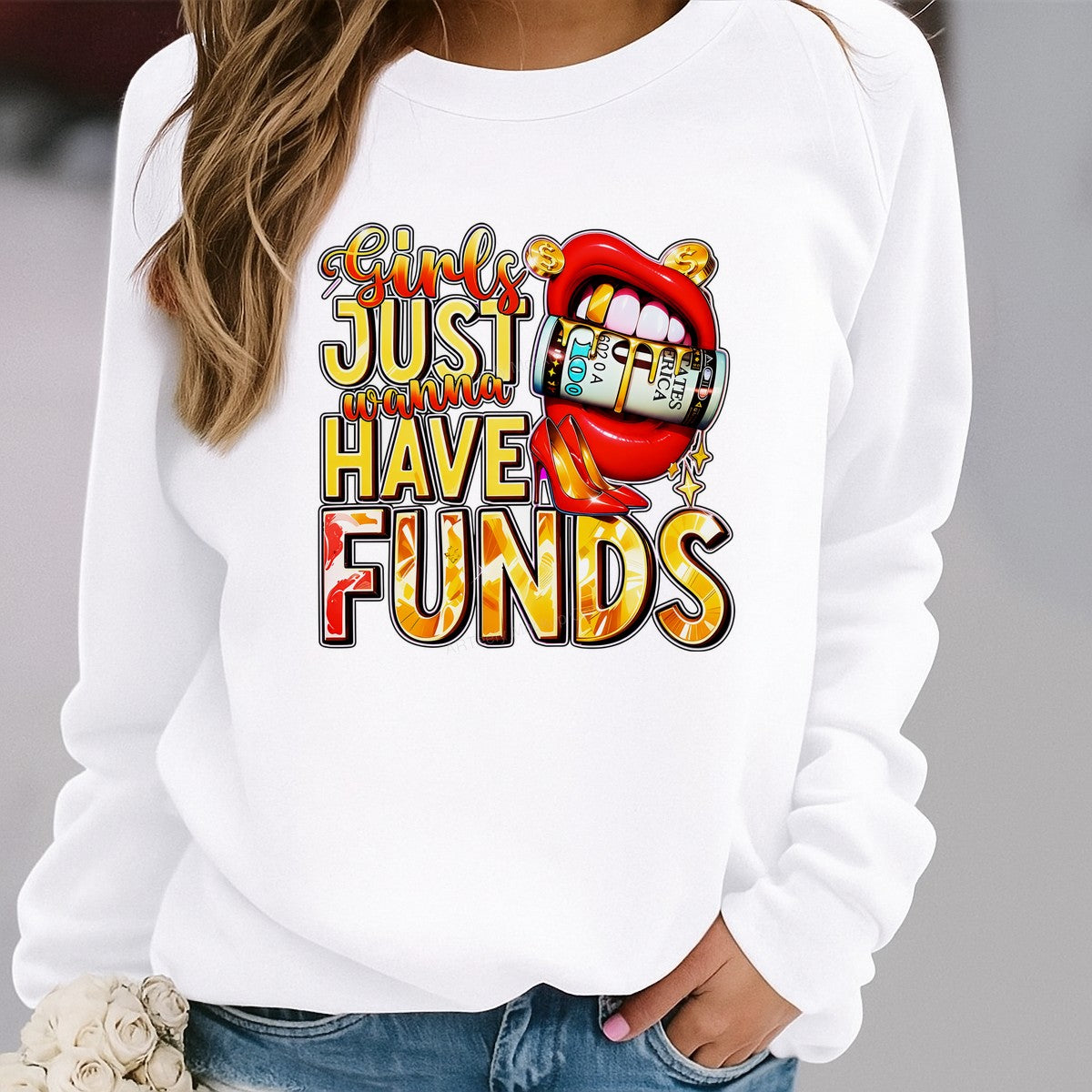DTF Transfer Girls Just Wanna Have Funds Quote with Money Lips and Heels Graphic for T Shirts Hoodies and Tote Bags - 2