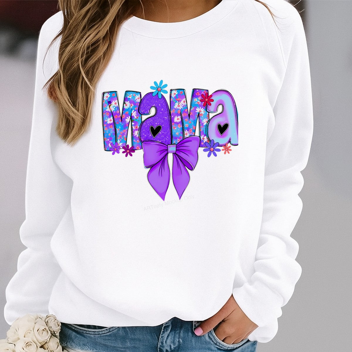 DTF Heat Transfer Mama Floral Glitter Letters with Purple Bow Graphic for T Shirts Hoodies and Tote Bags - 2