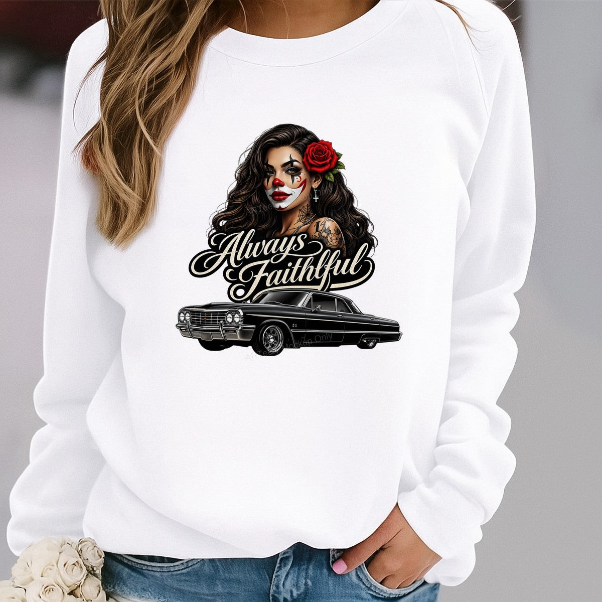 DTF Heat Transfer Always Faithful Chicana Rose and Lowrider Car Graphic for T Shirts Hoodies and Streetwear Apparel - 2