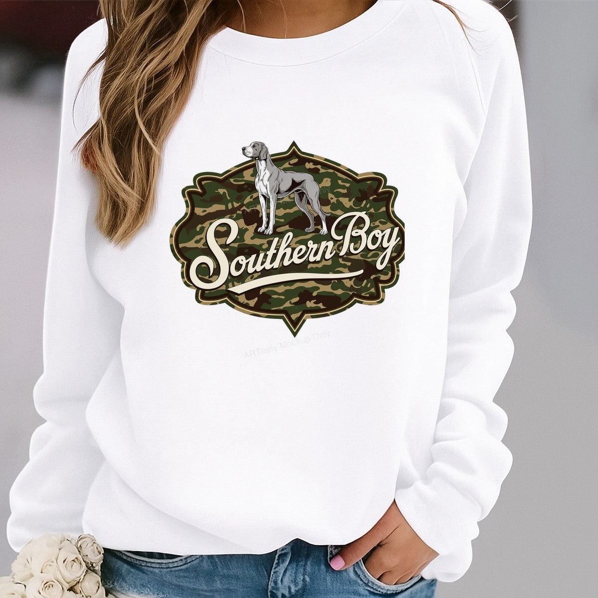 DTF Heat Transfer Southern Boy Hunting Dog Camo Badge Graphic for T Shirts Hoodies and Tote Bags - 2