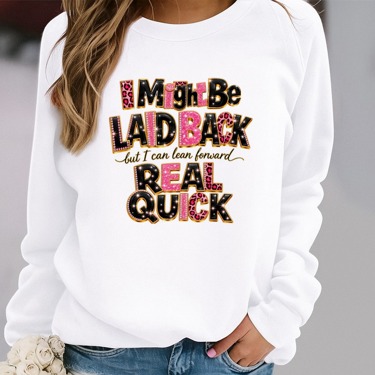 DTF Transfer I Might Be Laid Back Real Quick Quote Pink Leopard Rhinestone Graphic for T Shirts Hoodies and Casual Wear - 2