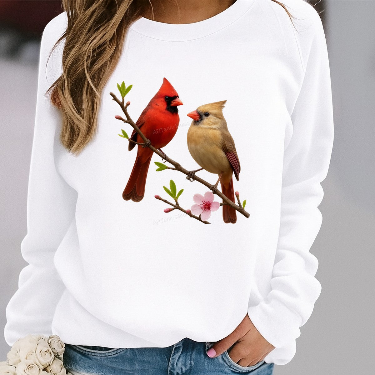 DTF Heat Transfer Red and Yellow Cardinals on Blossom Branch Realistic Bird Art for T Shirts Hoodies and Tote Bags - 2