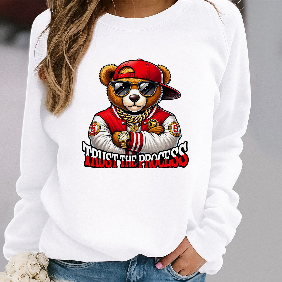 DTF Transfer Trust The Process Cool Bear in Varsity Jacket Graphic for T Shirts Hoodies and Streetwear Apparel - 2