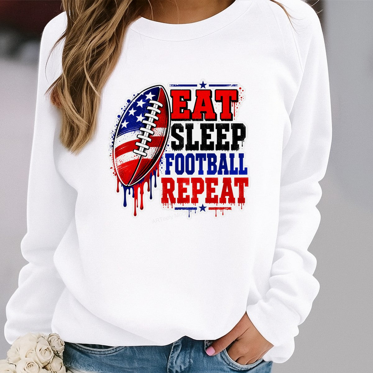 DTF Heat Transfer Eat Sleep Football Repeat Patriotic Dripping Text Graphic for T Shirts Hoodies and Game Day Apparel - 2