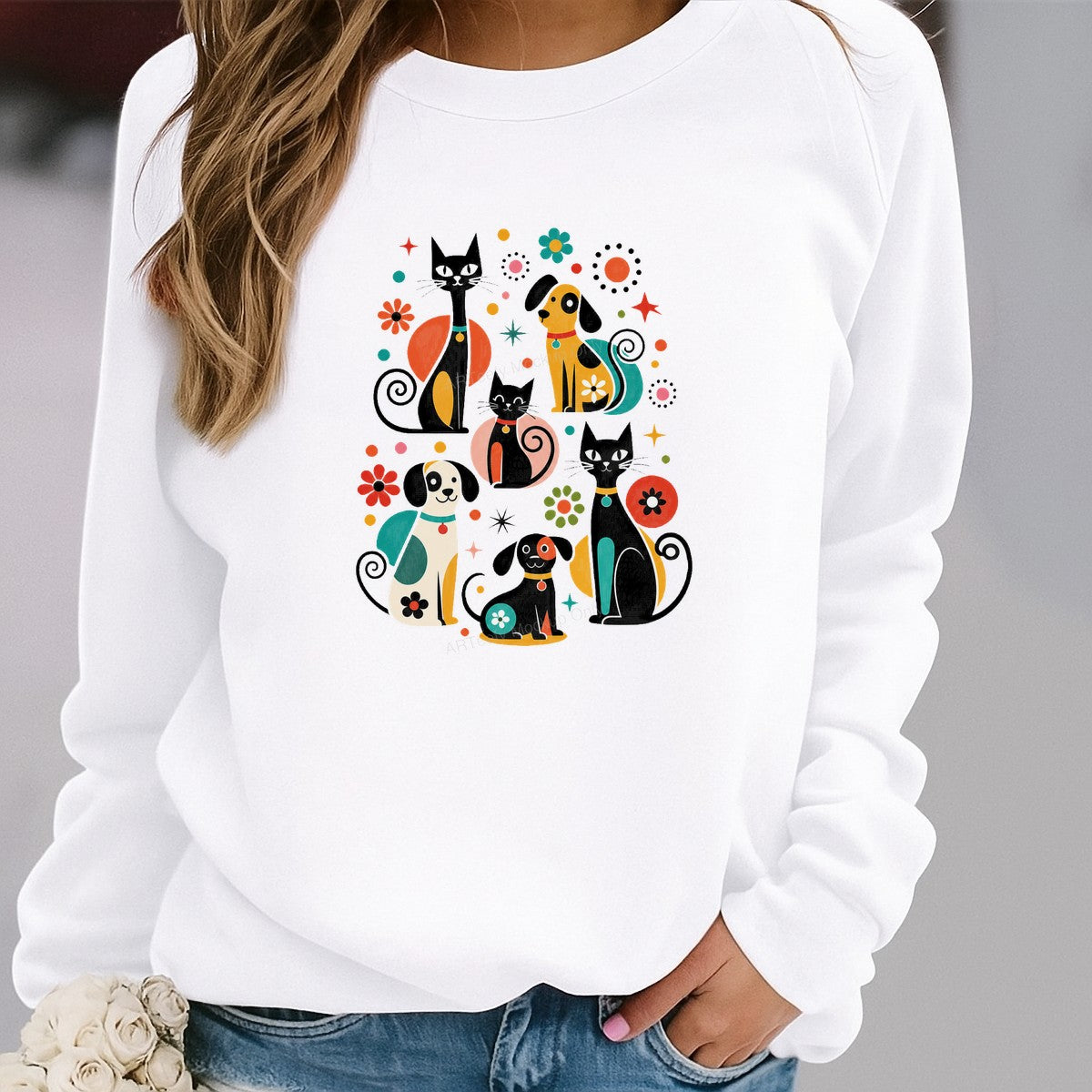 DTF Heat Transfer Retro Cats and Dogs Graphic with Colorful Geometric Flowers for T Shirts Hoodies and Tote Bags - 2