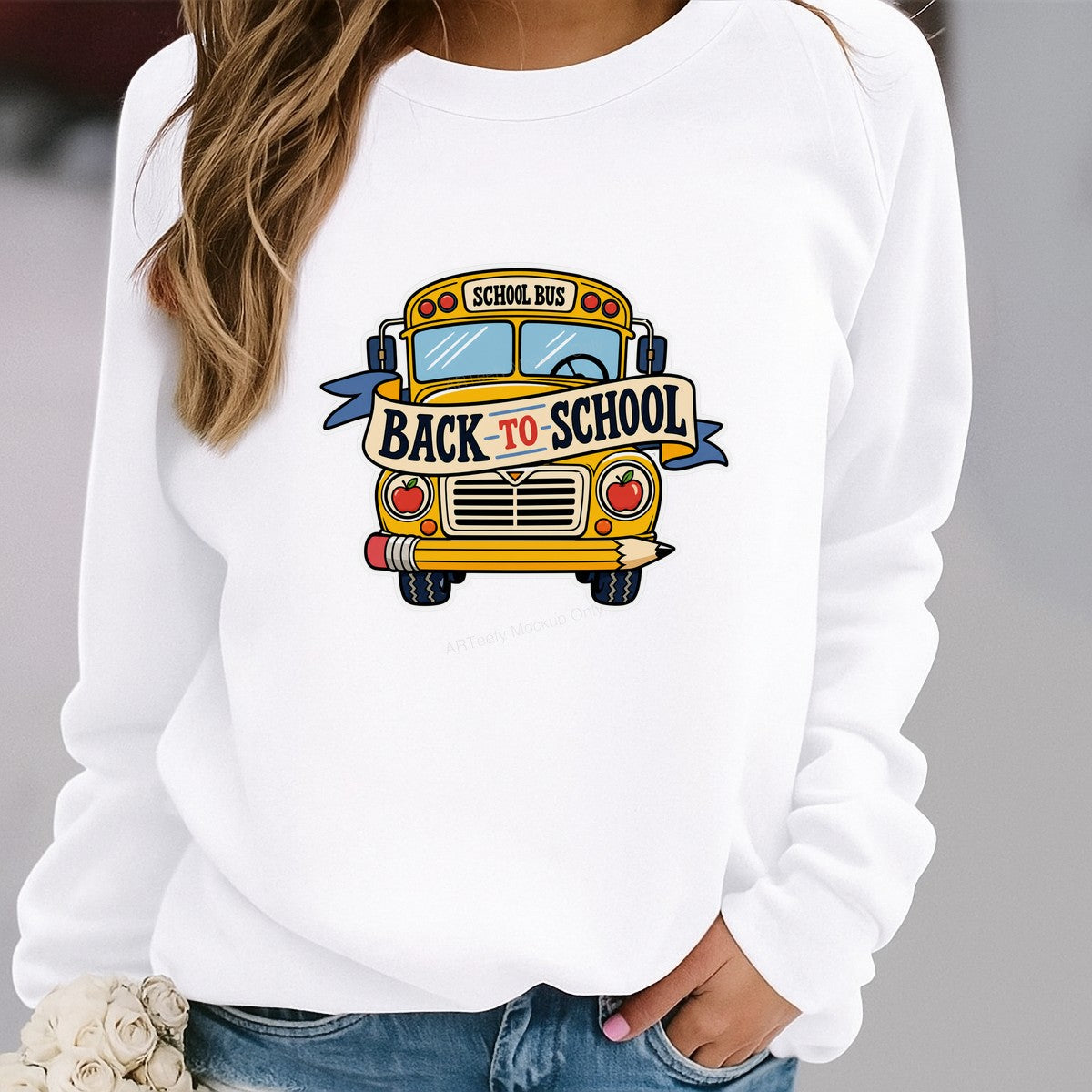 DTF Transfer Back To School Yellow School Bus with Pencil and Apples Graphic for T Shirts Hoodies and Tote Bags - 2