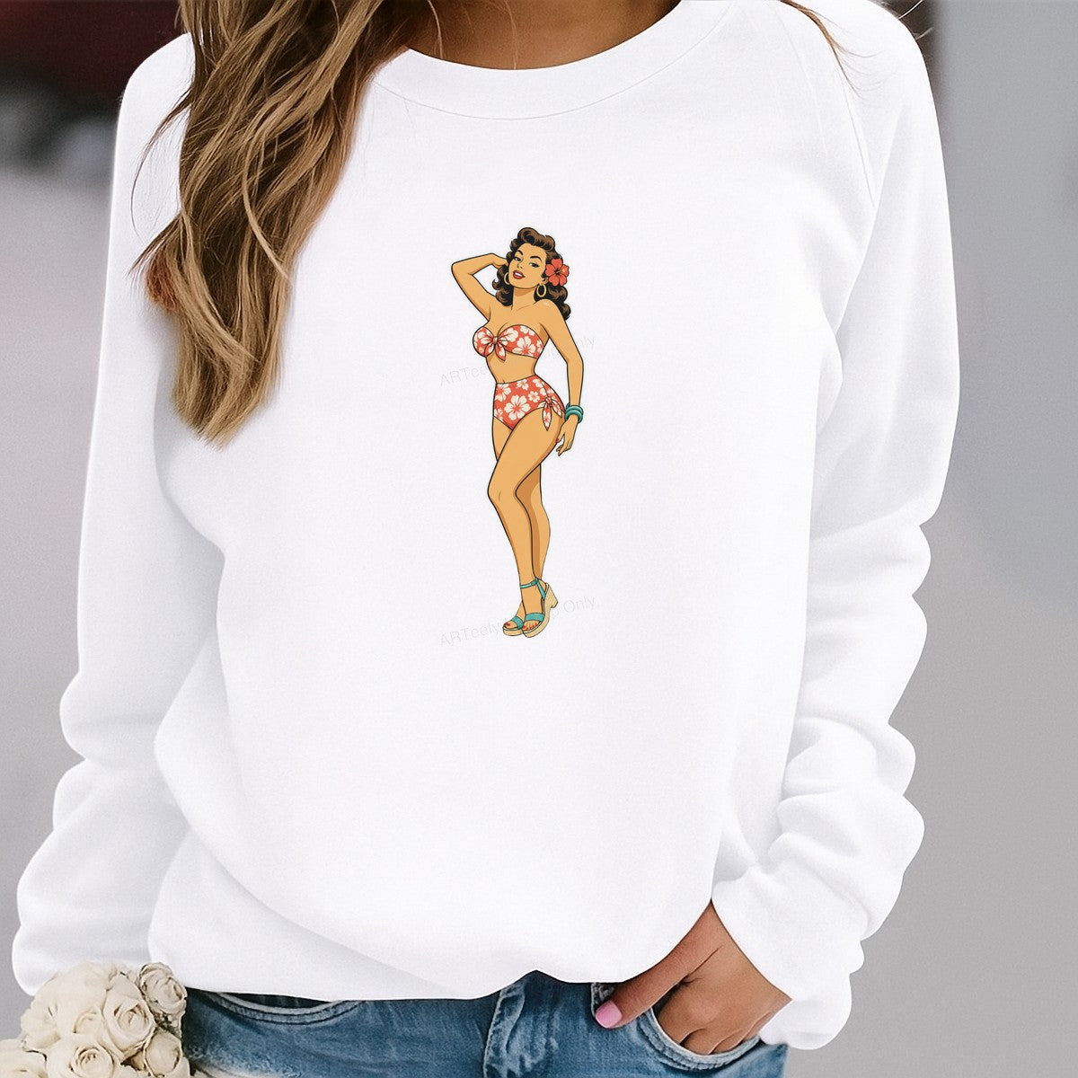 DTF Transfer Retro Pin Up Woman in Floral Bikini Graphic for T Shirts Hoodies and Beachwear - 2
