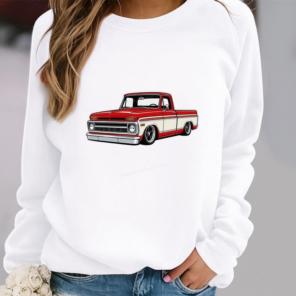 DTF Heat Transfer Classic Red Lowrider Pickup Truck Cartoon Graphic for T Shirts Hoodies and Car Enthusiast Gifts - 2