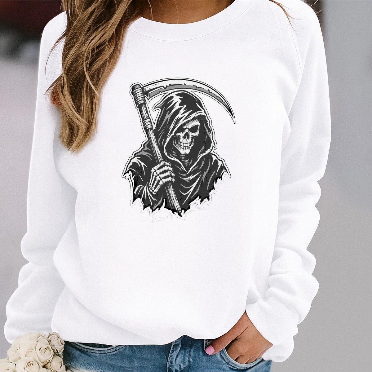 DTF Heat Transfer Grim Reaper with Scythe Dark Hooded Skull Graphic for T Shirts Hoodies and Streetwear Apparel - 2