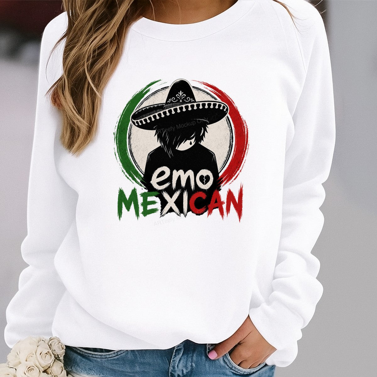 DTF Heat Transfer Emo Mexican Sombrero Character with Grunge Flag Circle for T Shirts Hoodies and Gifts - 2