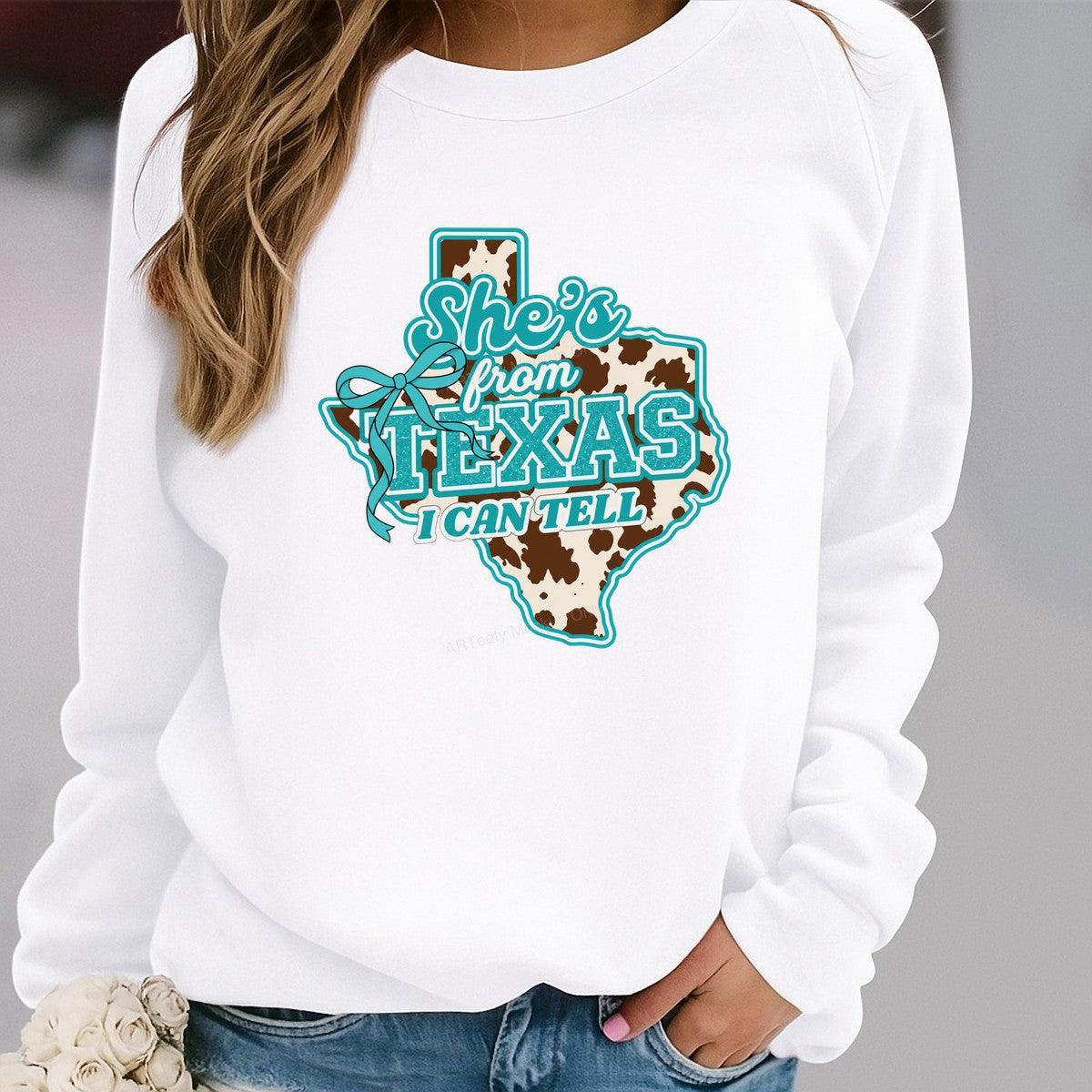 DTF Heat Transfer She’s From Texas Quote Cow Print State Outline with Bow Graphic for T Shirts Hoodies and Tote Bags - 2