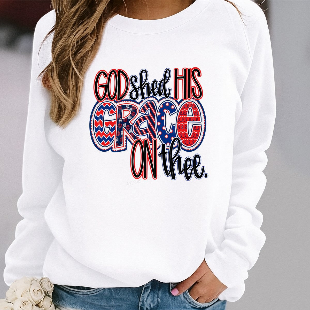 Christian Heat Transfer God Shed His Grace On Thee Patriotic Red White Blue Lettering for T Shirts Hoodies and Holiday Shirts - 2
