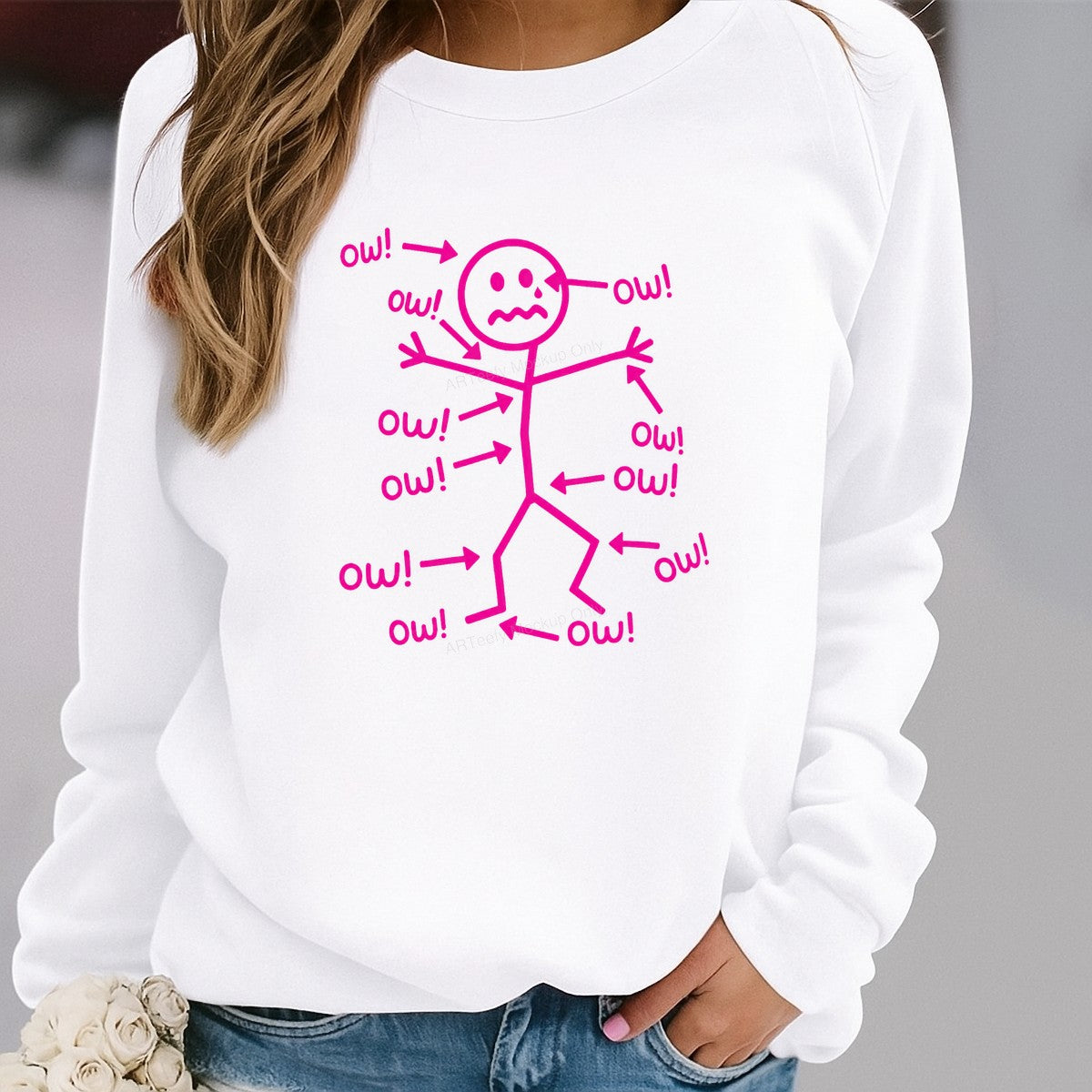 Funny Graphic Transfer Pink Stick Figure “Ow” Pain Diagram Cartoon for T Shirts Hoodies and Casual Wear - 2