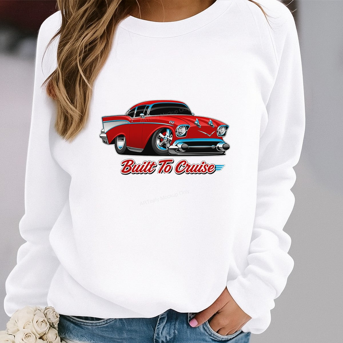 DTF Transfer Built To Cruise Red Classic Car Cartoon Graphic for T Shirts Hoodies and Tote Bags - 2