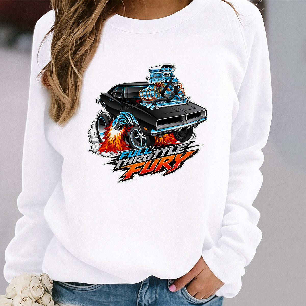DTF Heat Transfer Full Throttle Fury Muscle Car Flame Graphic for T Shirts Hoodies and Racing Apparel - 2