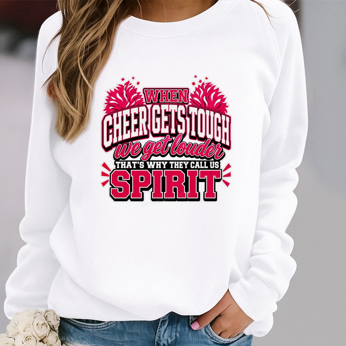 DTF Transfer When Cheer Gets Tough We Get Louder Spirit Quote Pink Pom Pom Graphic for T Shirts Hoodies and Cheer Apparel - 2