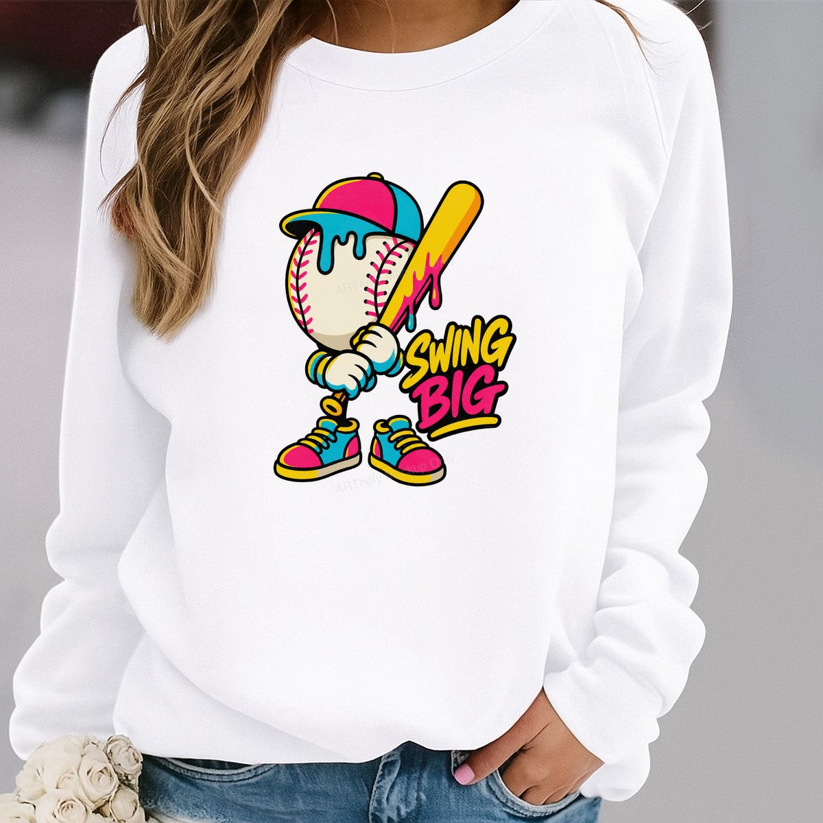 DTF Heat Transfer Swing Big Baseball Character Neon Cartoon Graphic for T Shirts Hoodies and Baseball Apparel - 2