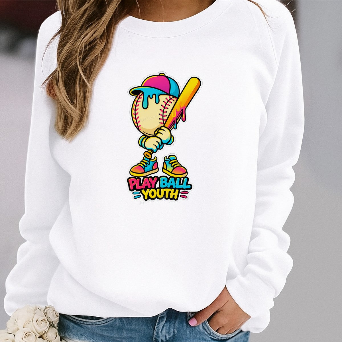 DTF Heat Transfer Play Ball Youth Baseball Character Neon Cartoon Graphic for T Shirts Hoodies and Team Apparel - 2